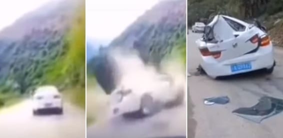 ماشي هْنا.. شاهد سقوط صخرة عملاقة على سيارة والسائق ينجو بأعجوبة